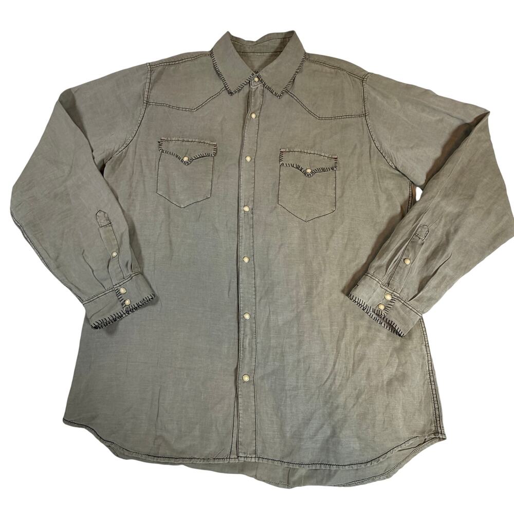 Ryan Michael Silk Linen Cotton Whipstitch Western Pearl Snap Khaki Green XL